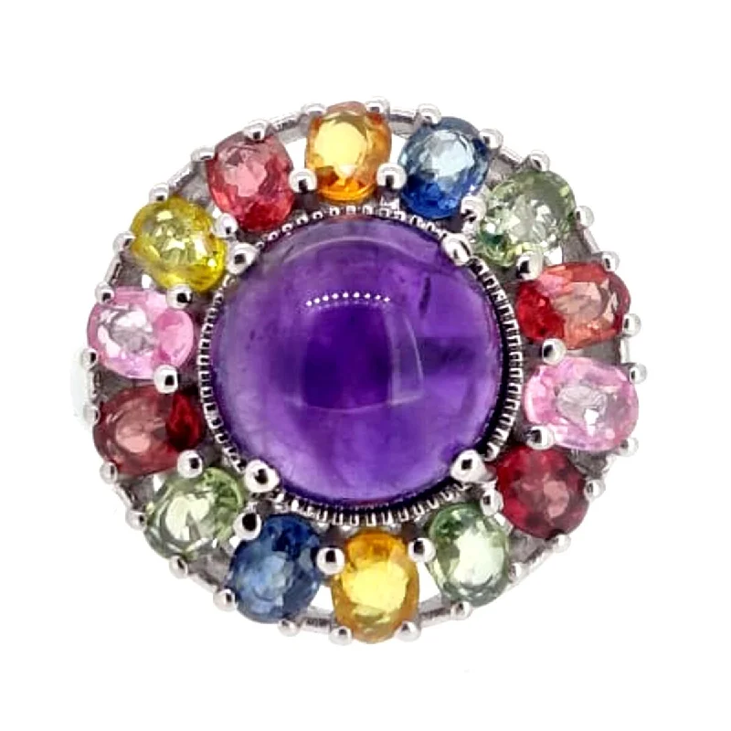 925 Sterling Silver African Amethyst and Multi Sapphire Ring