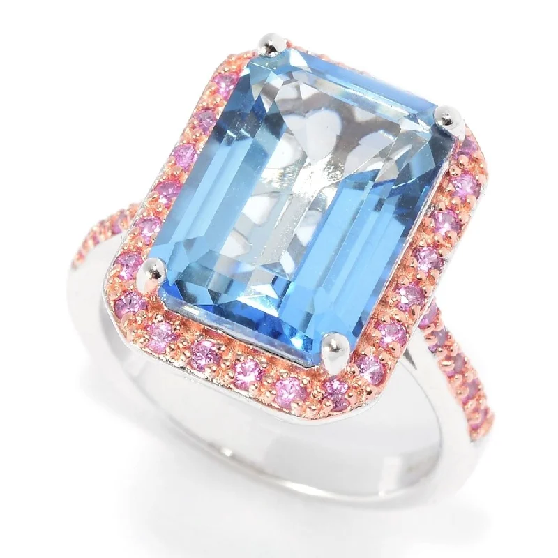 Sterling Silver Two-tone 8.92ctw Aquamarine Blue Topaz & Pink Sapphire Halo Ring