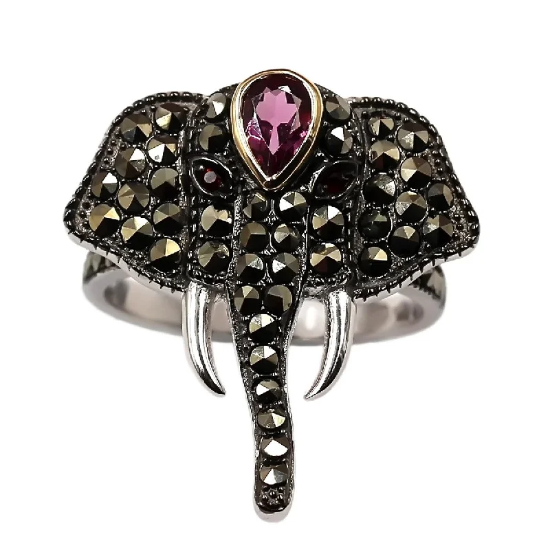 14k Gold and Sterling Silver Red Garnet and Marcasite Ring