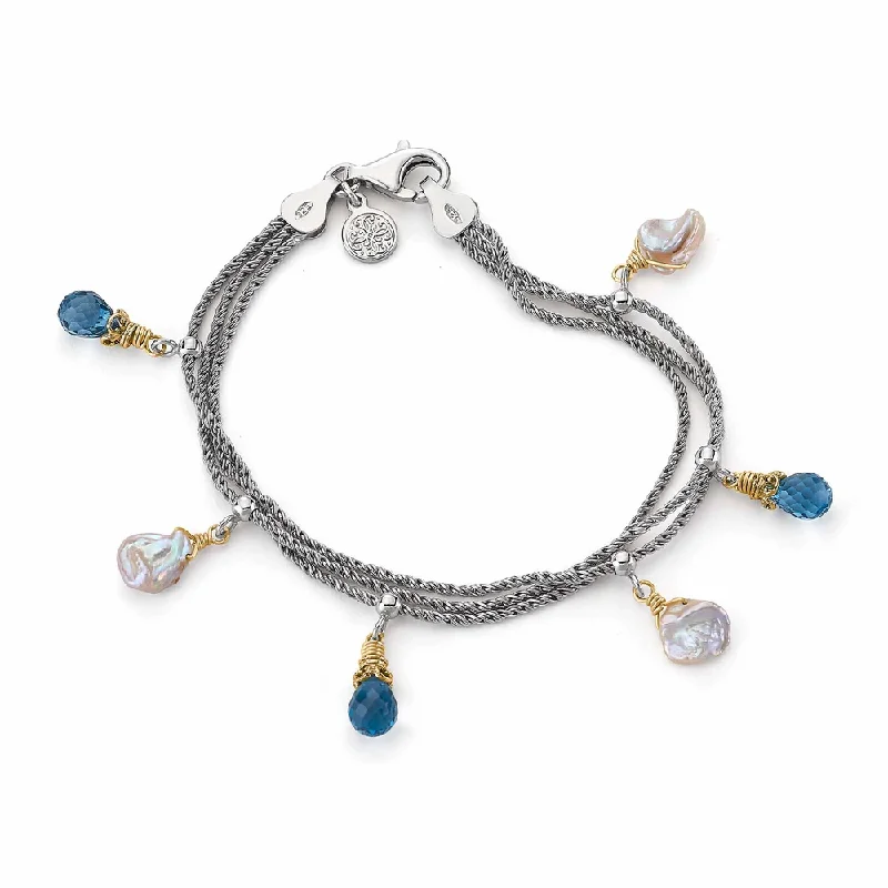 London Blue Topaz and Keshi Pearl Dangle Bracelet with Vermeil