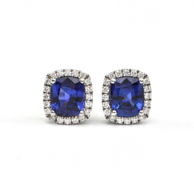 4.30 CT Sapphire and 0.25CT Diamond Halo 18K White Gold Earrings