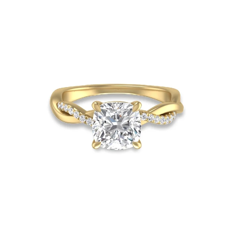 Marquee Agatha Twisted Pave Ring with IGI Certified 3 Carat Lab-Grown Cushion Cut Diamond in 14K Yellow Gold