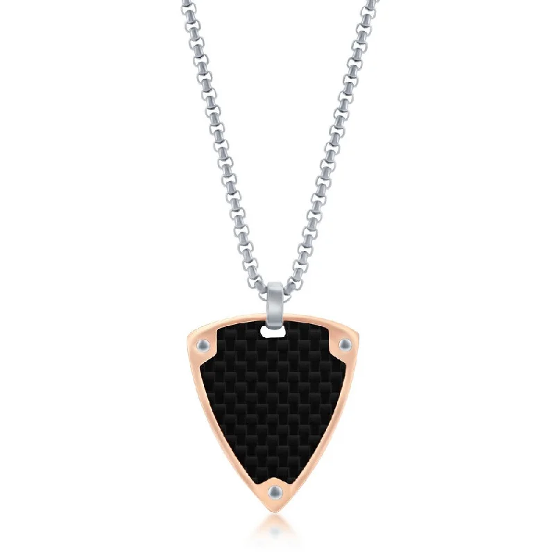 Stainless Steel Black Carbon Fiber Rose Gold Border Triangle Necklace