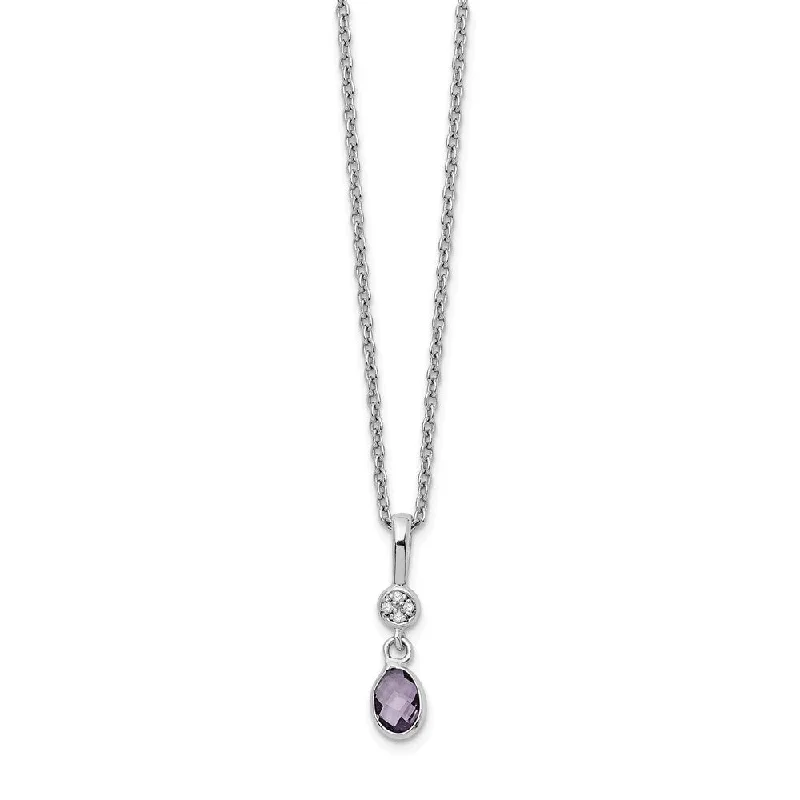 Oval Amethyst & Diamond Necklace in Rhodium Plated Silver, 18-20 Inch