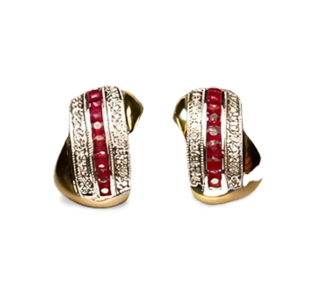 Exquisite Estate 14K Yellow Gold Diamond Ruby Huggie Half Hoop Earrings