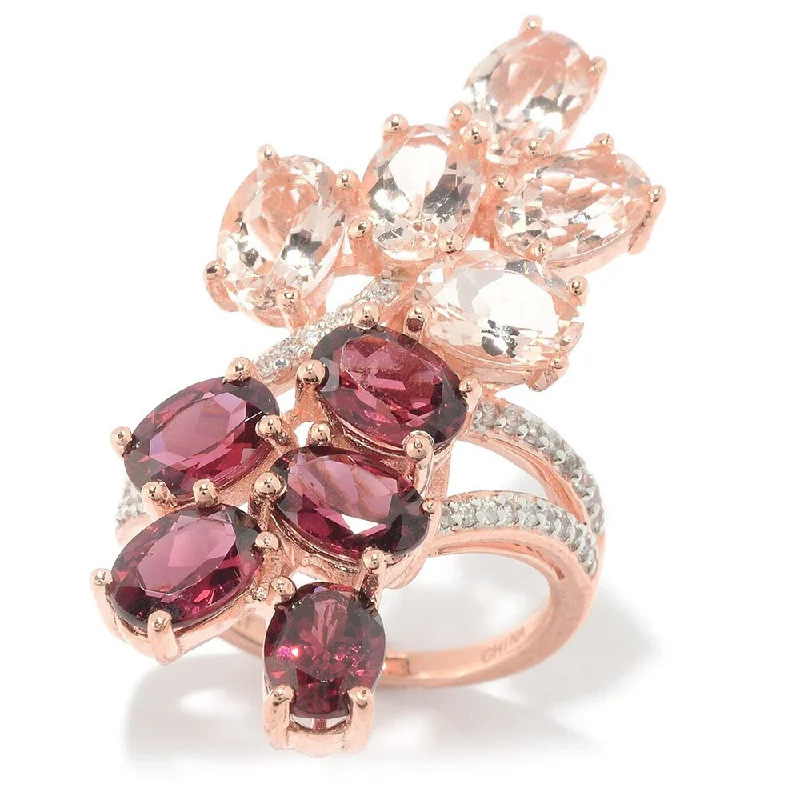 18k Rose Gold Vermeil Over Silver Rhodolite, Morganite and White Zircon Elongated Ring