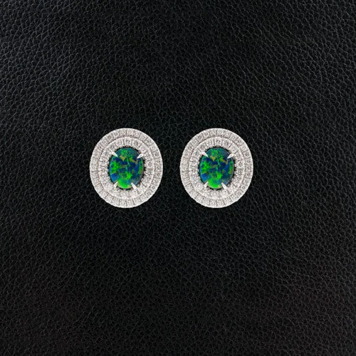 Black Opal Earrings with Double Diamond Halos