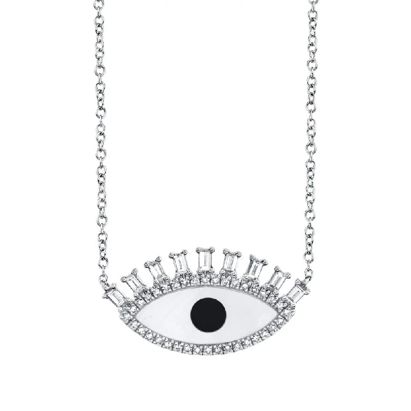 14KT White Gold .94 CT Onyx & Mother of Pearl & .29 CTW Diamond Eye Necklace