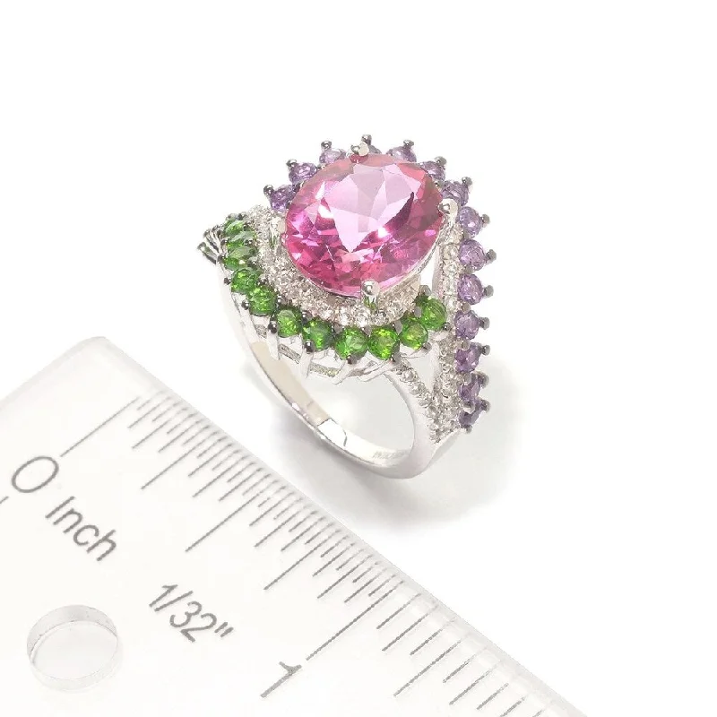 925 Sterling Silver Pink Topaz,White Natural Zircon,African Amethyst Ring