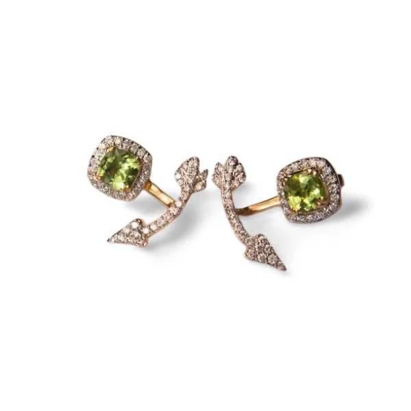 Gorgeous 14K Yellow Gold Peridot Hanging Arrow Diamond Earrings