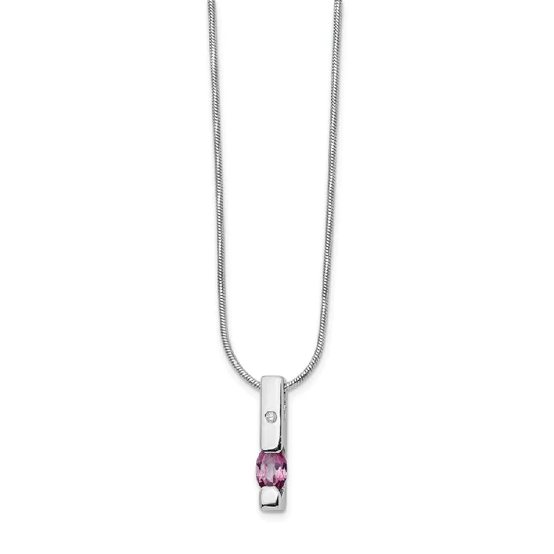 Pink Topaz & 2pt Diamond Vertical Bar Rhodium Plated Silver Necklace