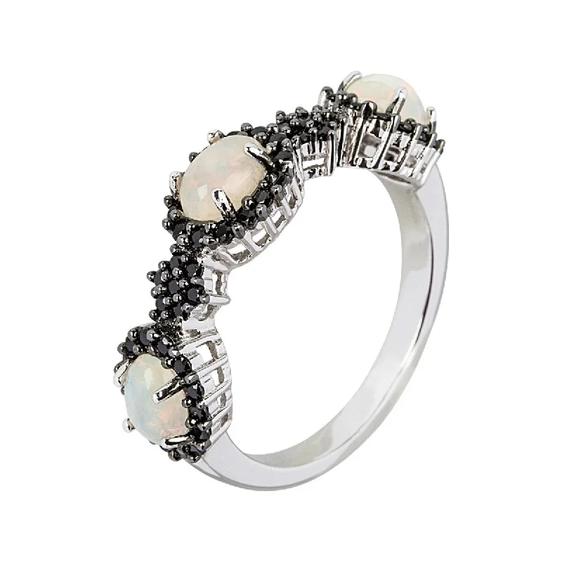 925 Sterling Silver Ethiopian Opal and Black Spinel Ring