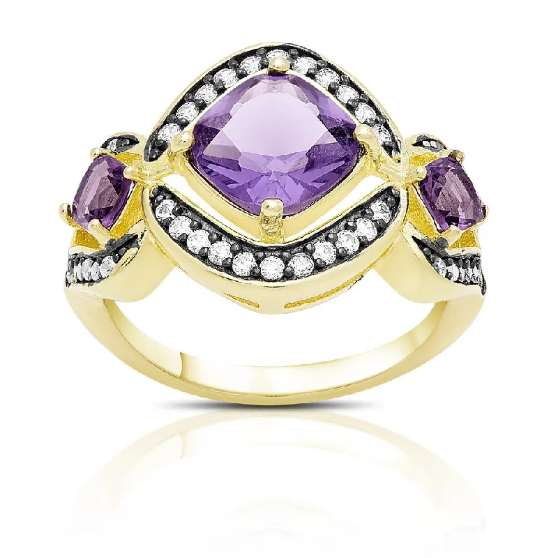 Samantha Stone Gold Over Sterling Silver Cubic Zirconia and Simulated Amethyst Cocktail Ring