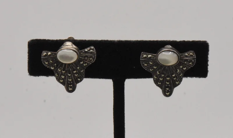 Vintage Sterling Silver Art Deco Mother of Pearl and Marcasite Clip On Earrings