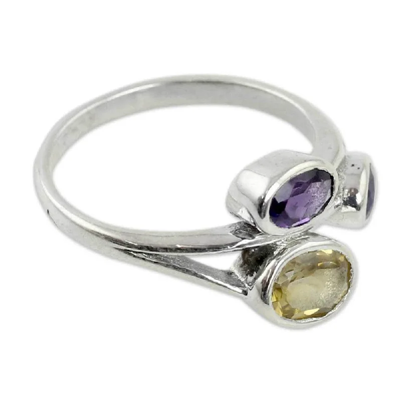 NOVICA Handmade Sterling Silver Amethyst Citrine 3 Stone Ring (India)