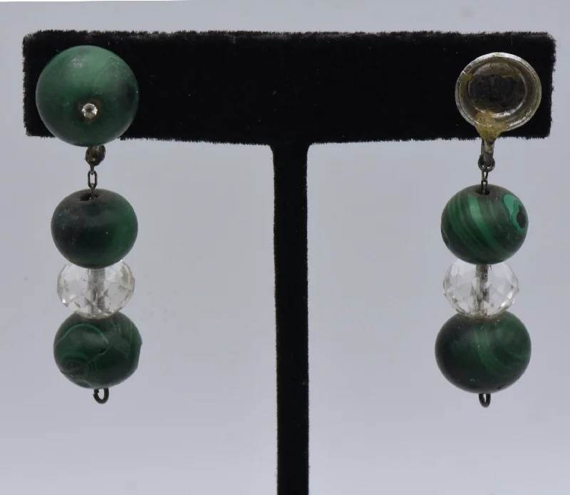 Vintage Handmade Malachite and Quartz Bead Screw Back Earrings - MISSING STONE