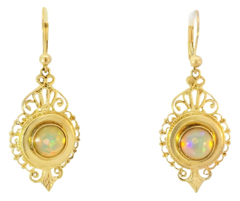 Victorian Revival 14K Yellow Gold Filigree Opal Drop Dangle Earrings