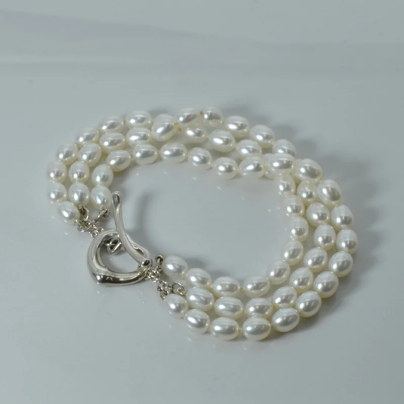 Tiffany & Co. Elsa Peretti Open Heart Fresh Water Pearl Bracelet | 7"|