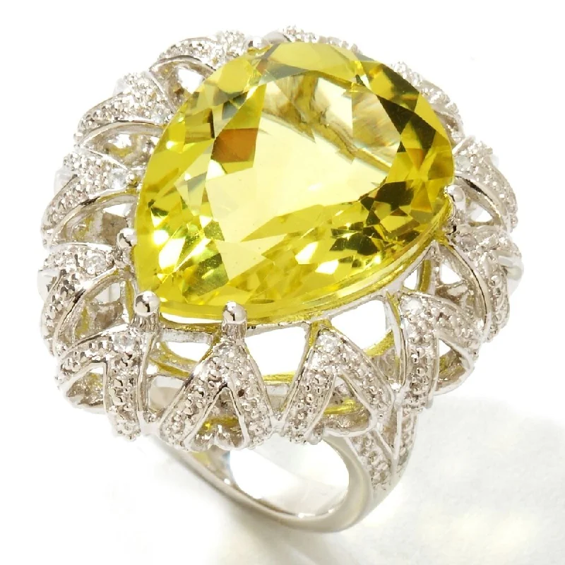 Platinum O/ Silver 12.94Ctw Lemon Quartz & White Zircon Cocktail Ring