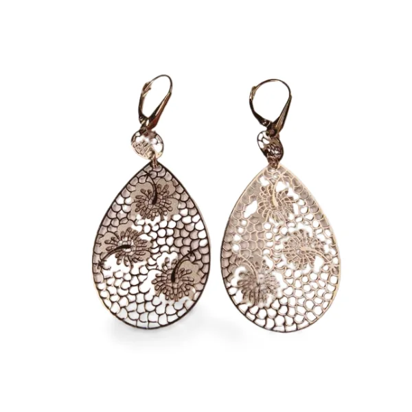 Elegant 14K White Gold Delicate Filigree Floral Dangle Drop Earrings