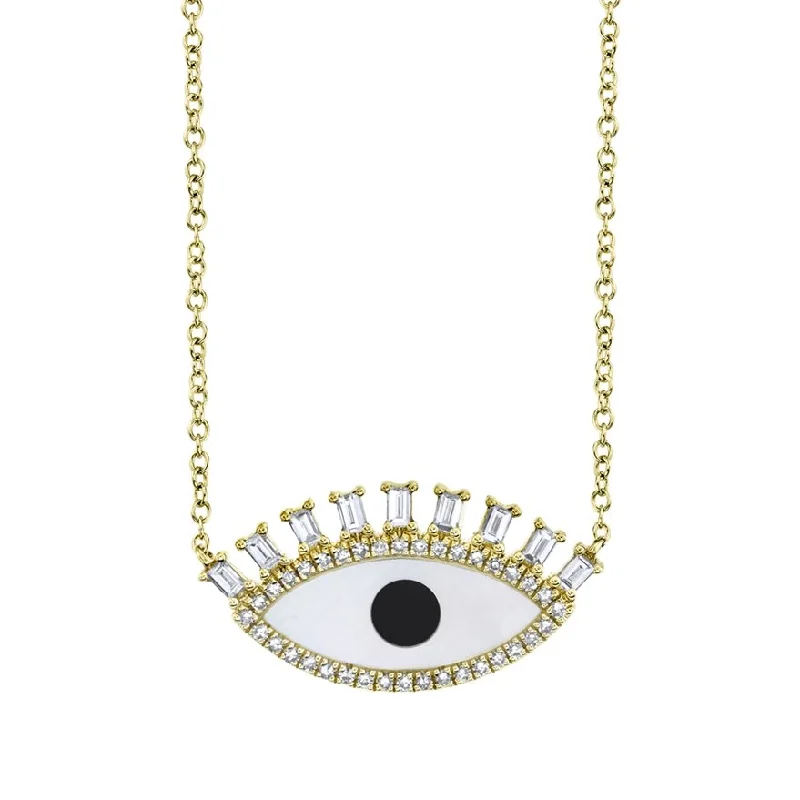 14KT Yellow Gold .94 CT Onyx & Mother of Pearl & .29 CTW Diamond Eye Necklace