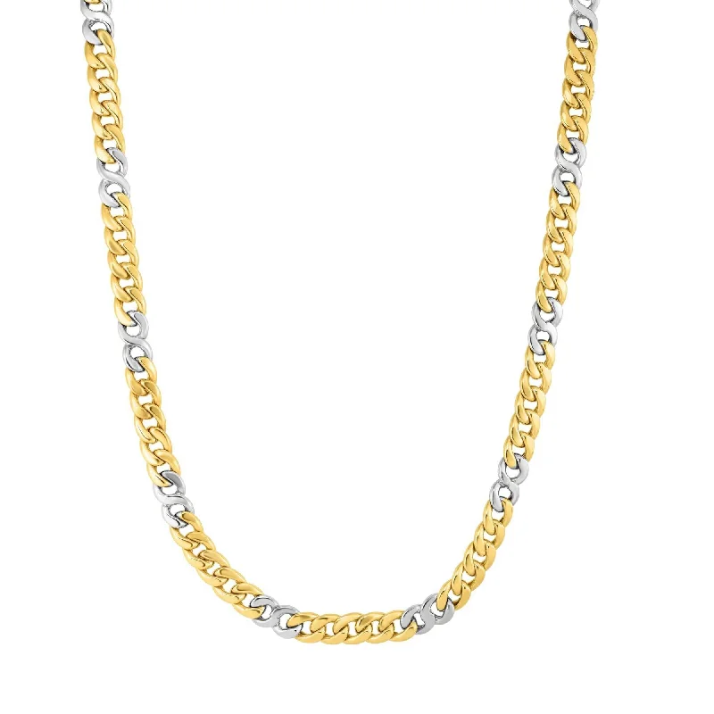 14kt Gold 22 inches Yellow+White Finish 7mm Shiny Oval Fancy Link Necklace with Lobster Clasp