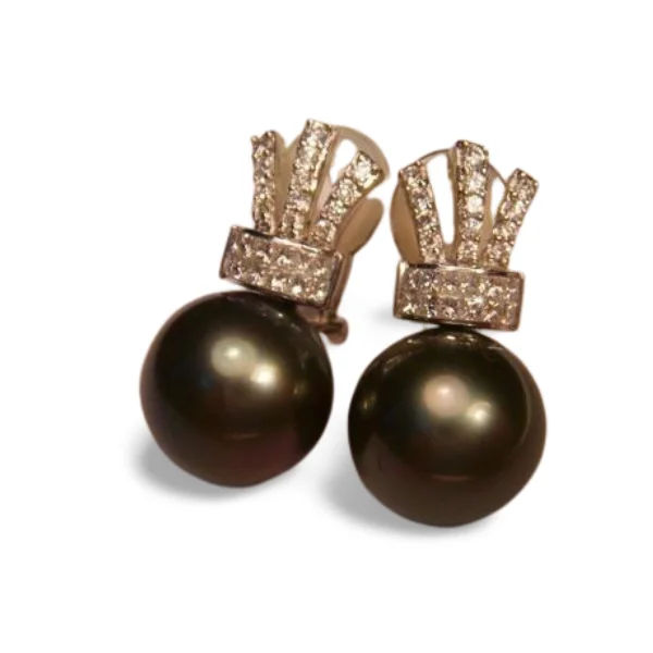 Magnificent 18K White Gold Diamond Huge Tahitian Pearl Crown Earrings