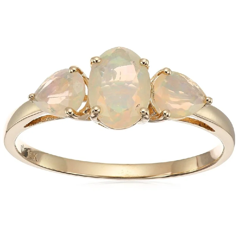 10k Yellow Gold Ethiopian Opal Oval and Pear 3-Stone Ring, Size 7 - White