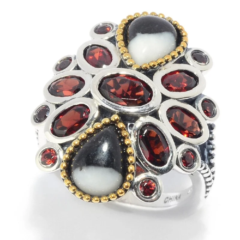 925 Sterling Silver Red Garnet and White Buffalo Ring