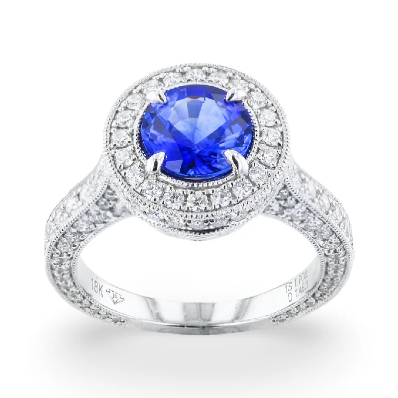 JULEVE 18KT WHITE GOLD 1.70CT SAPPHIRE & 1.45CTW DIAMOND HALO RING