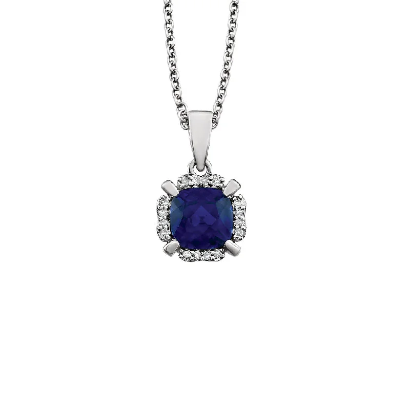 Cushion Created Sapphire & Diamond Necklace in 14k White Gold, 18 Inch