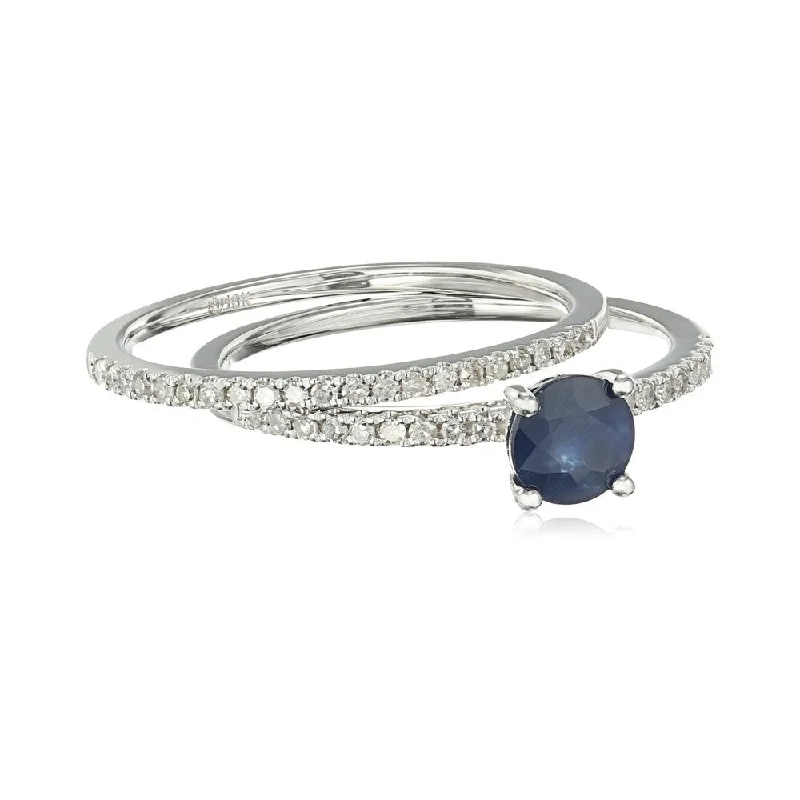 10k White Gold Genuine Blue Sapphire & Diamond Stackable Ring