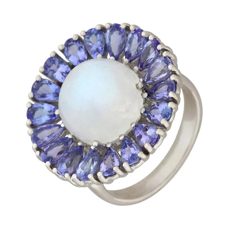 925 Sterling Silver Rainbow Moonstone and Tanzanite Ring