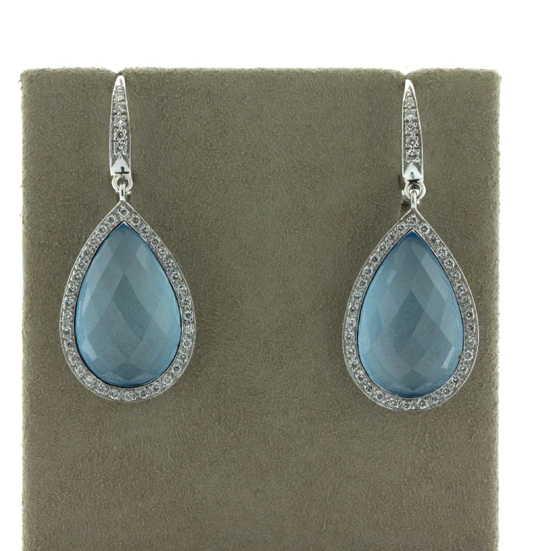 Blue Topaz Diamond Halo 18k White Gold Drop Earrings