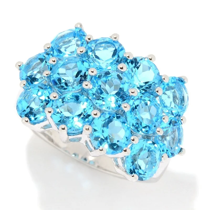 Sterling Silver Swiss Blue Topaz Round Cut 3 Row Ring