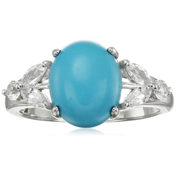 Sterling Silver Natural Turquoise, Created White Sapphire Ring, Size 7 - Blue