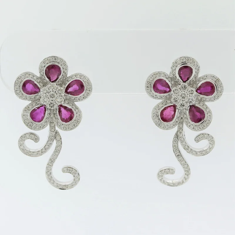 Diamond Ruby Gold Floral Earrings