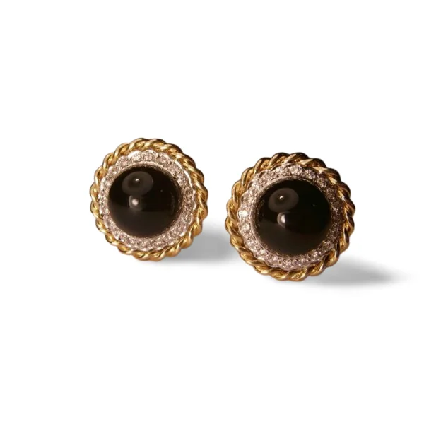 Gorgeous Handmade 14K Yellow Gold Cabochon Onyx Halo Diamond Earrings