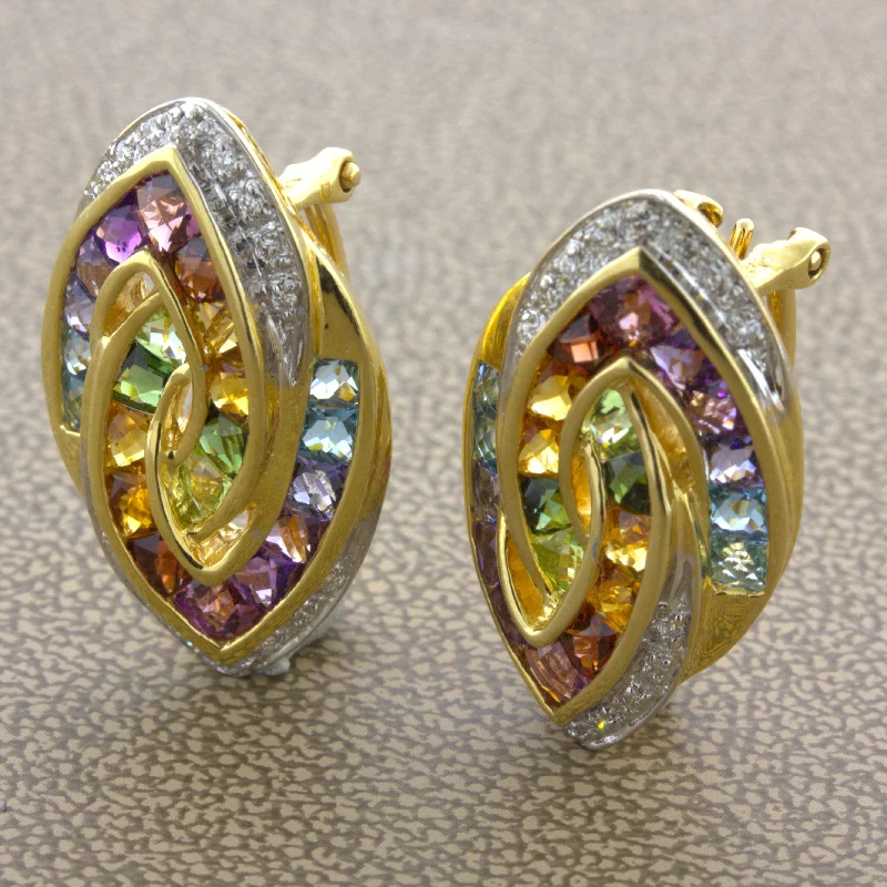 Bellarri Multi-Color Gemstone Diamond 18k Yellow Gold Earrings