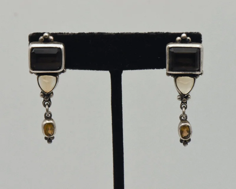 Vintage Smoky Quartz, Citrine and Topaz Sterling Silver Earrings