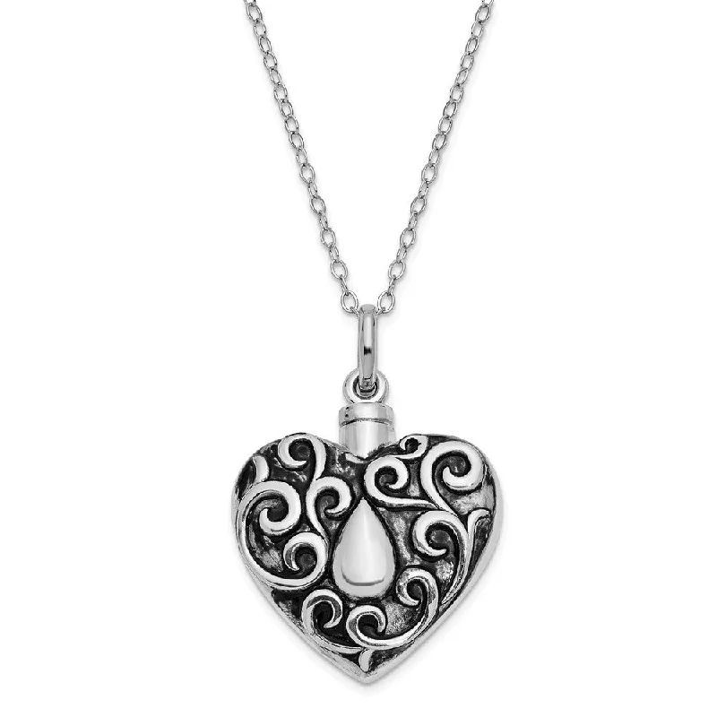 Sterling Silver Antiqued Grieving Heart Ash Holder Necklace, 18 Inch