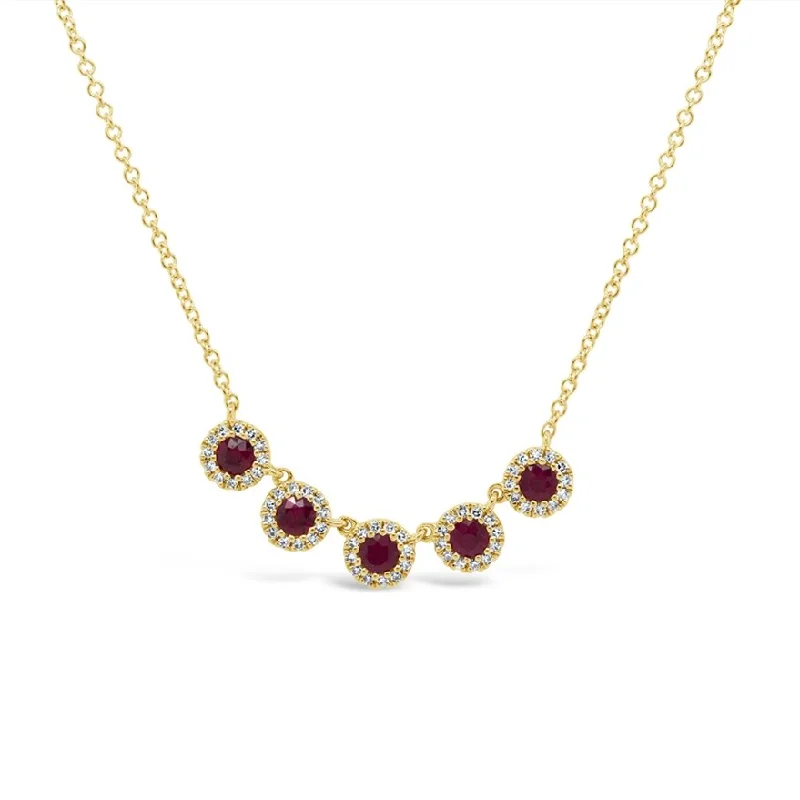 14KT GOLD 0.49 CTW RUBY & 0.16 CTW DIAMOND HALO NECKLACE