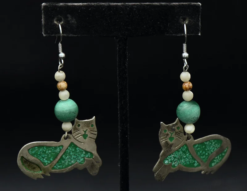 Vintage Handmade Alpaca and Malachite Cat Earrings