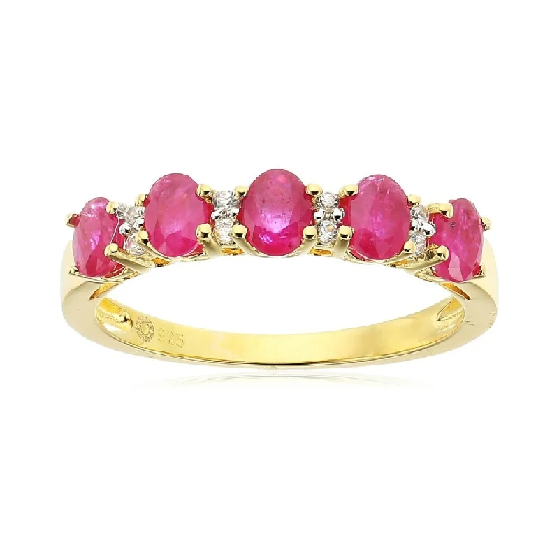 Yellow Gold-Plated Silver Burmese Ruby & White Zirconia Ring