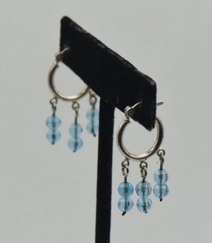 Vintage Sterling Silver Hoop Blue Bead Dangle Earrings