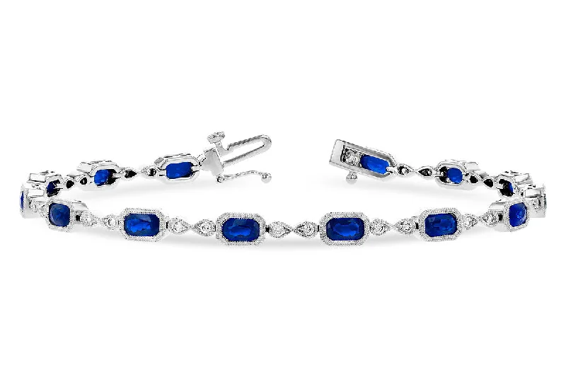 14K White Gold 4 Carat Blue Sapphire and Diamond Station Bracelet