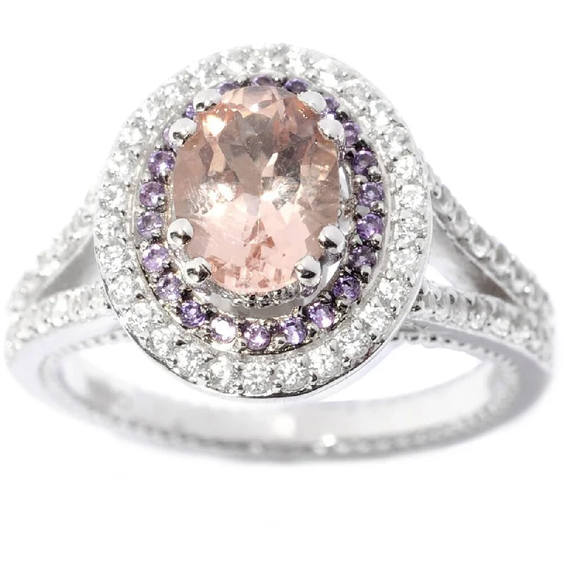 Sterling Silver Morganite, Amethyst, White Zircon Double Halo Ring