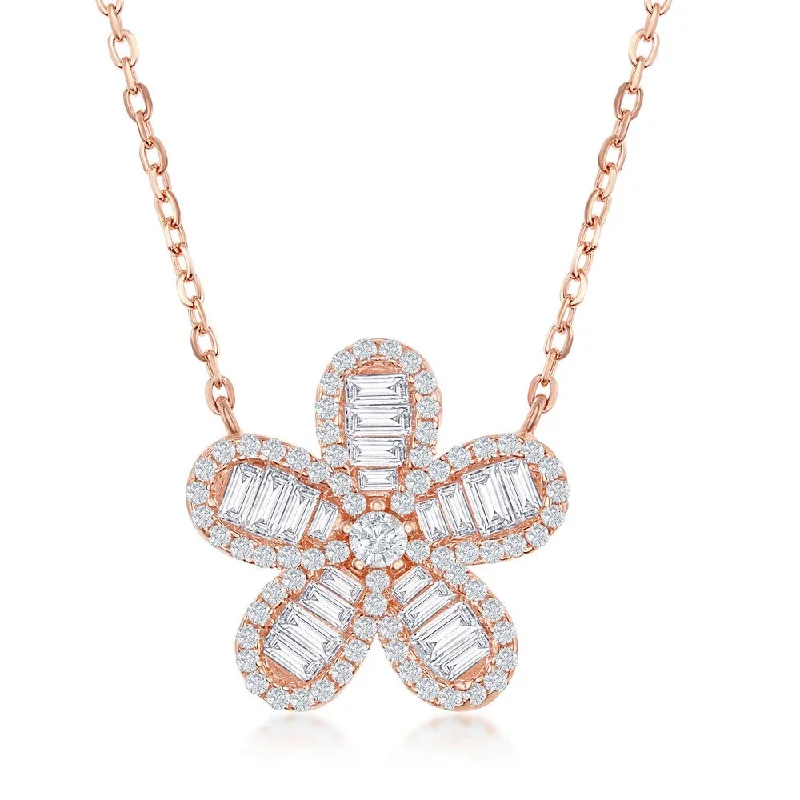 Sterling Silver Baguette CZ Flower Necklace - Rose Gold Plated