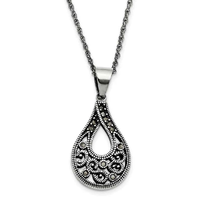 Marcasite Teardrop Necklace in Antiqued Stainless Steel, 20 Inch