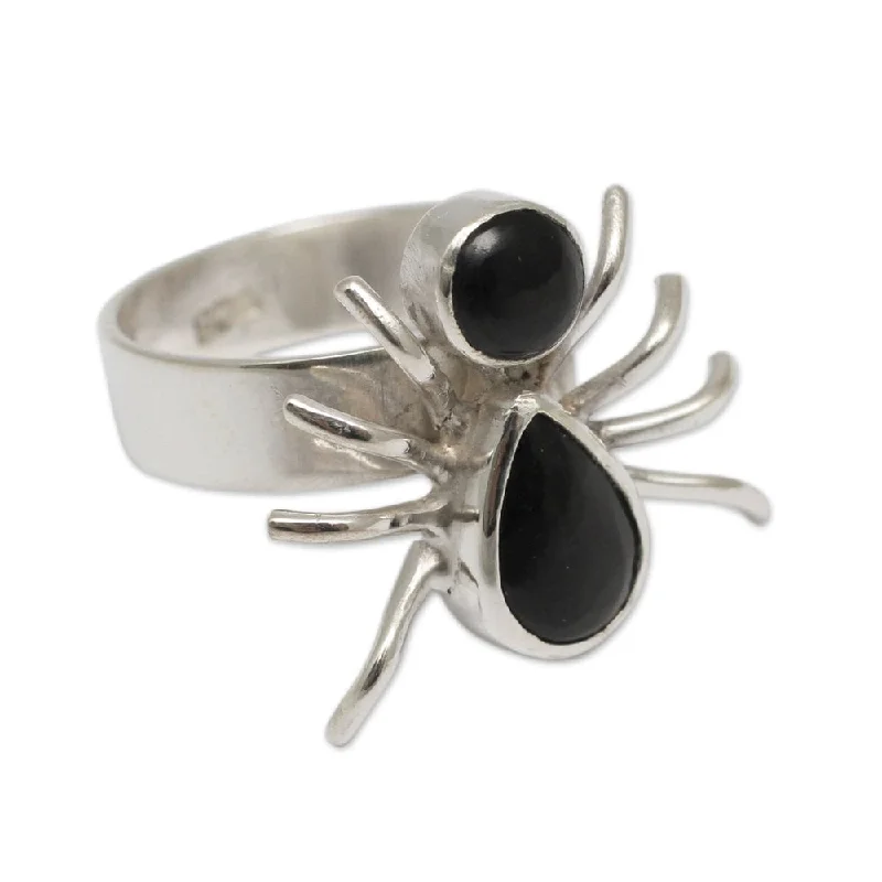 Handmade Sterling Silver Little Spider Obsidian Ring (Peru)